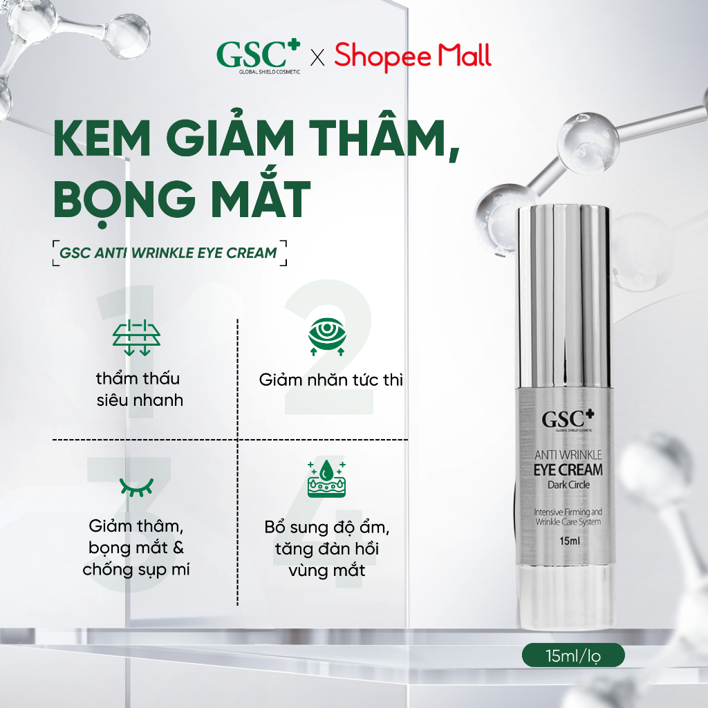 Kem Giảm Thâm Mắt GSC Anti Wrinkle Eye Cream 15ml - Kem Mắt Hỗ Trợ Giảm Bọng Mắt, Giảm Nhăn - GC043A
