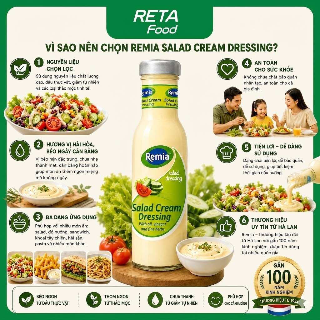 Sốt Trộn Salad Cream Remia 250ml - Xốt Trộn Salad Chua Nhẹ Béo Mịn - Phù hợp cho cả gia đình -Sốt Nhập Khẩu Hà Lan