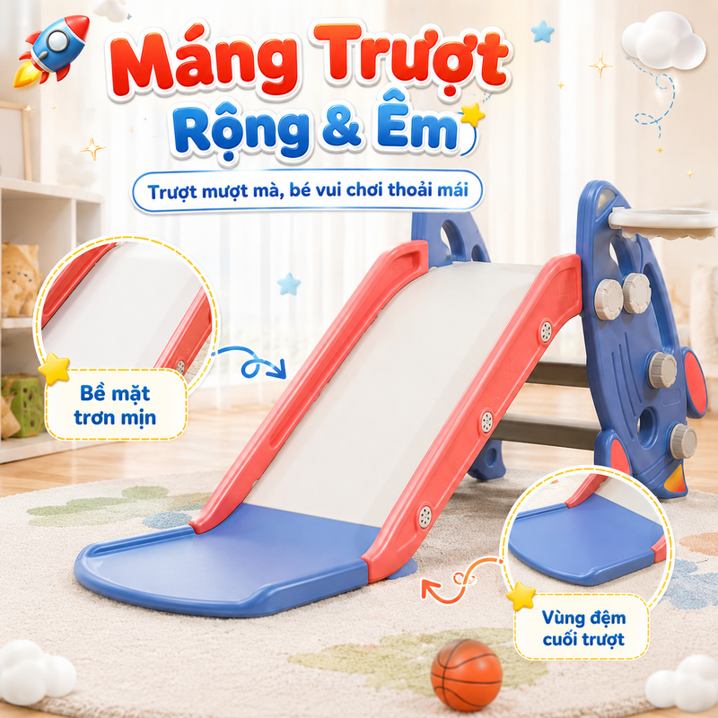 Cầu Trượt Cho Bé - Đồ Chơi Hình Tên Lửa Kèm Bóng Rổ Trong Nhà Gấp Gọn Chống Trượt Chất Liệu An Toàn