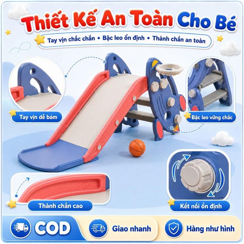 Cầu Trượt Cho Bé - Đồ Chơi Hình Tên Lửa Kèm Bóng Rổ Trong Nhà Gấp Gọn Chống Trượt Chất Liệu An Toàn