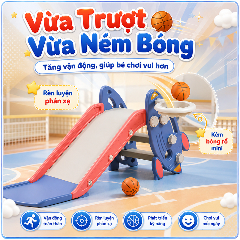 Cầu Trượt Cho Bé - Đồ Chơi Hình Tên Lửa Kèm Bóng Rổ Trong Nhà Gấp Gọn Chống Trượt Chất Liệu An Toàn