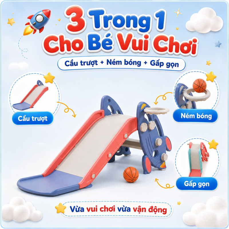 Cầu Trượt Cho Bé - Đồ Chơi Hình Tên Lửa Kèm Bóng Rổ Trong Nhà Gấp Gọn Chống Trượt Chất Liệu An Toàn