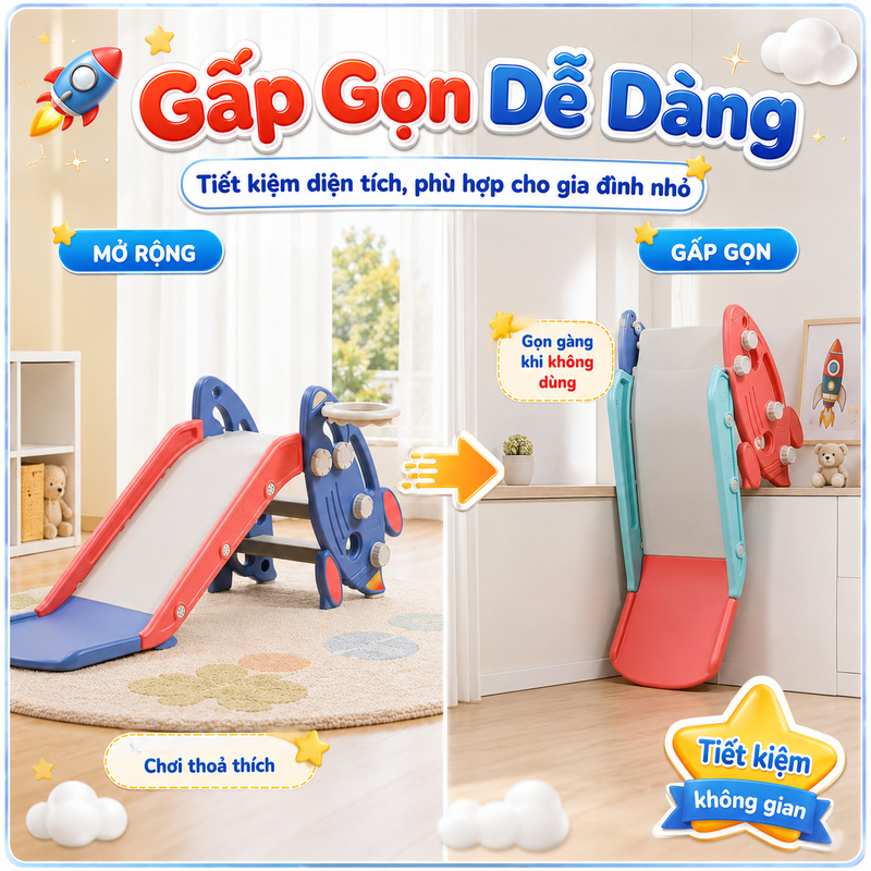 Cầu Trượt Cho Bé - Đồ Chơi Hình Tên Lửa Kèm Bóng Rổ Trong Nhà Gấp Gọn Chống Trượt Chất Liệu An Toàn