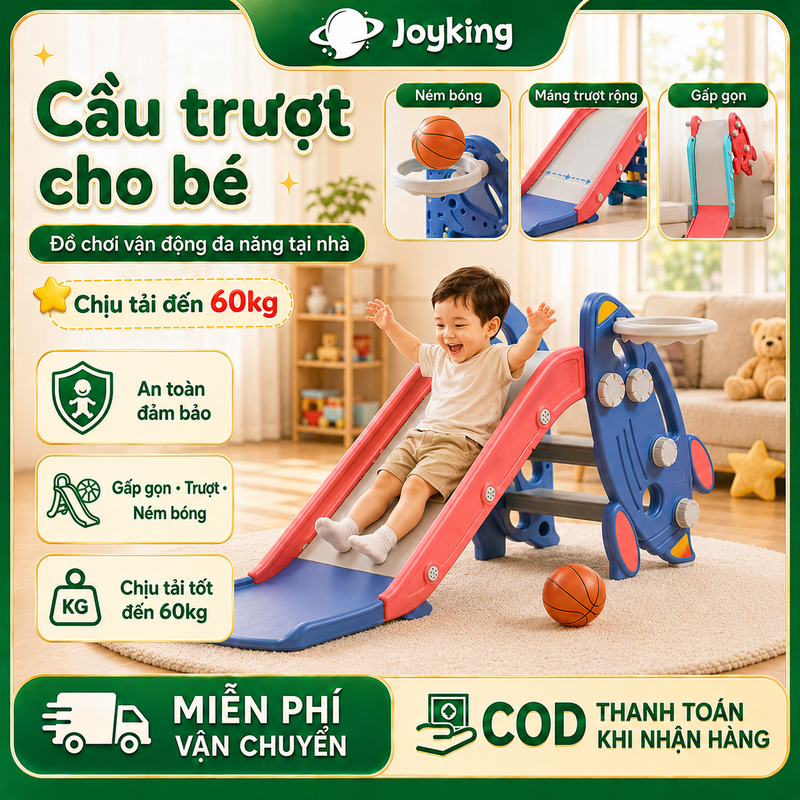 Cầu Trượt Cho Bé - Đồ Chơi Hình Tên Lửa Kèm Bóng Rổ Trong Nhà Gấp Gọn Chống Trượt Chất Liệu An Toàn