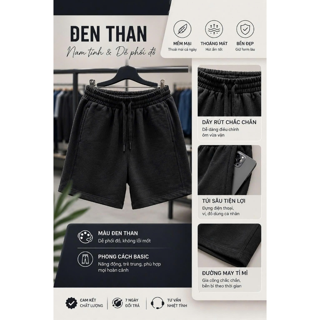 Quần Short Nam Form Rộng Cao Cấp M&B – Nỉ Chân Cua Mềm Mịn, Co Giãn 4 Chiều, Dễ Phối Đồ