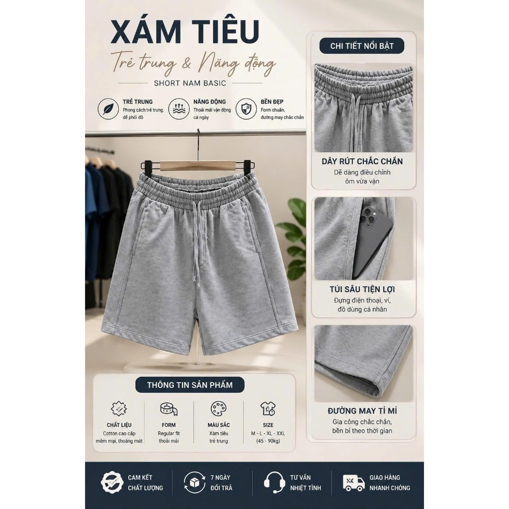 Quần Short Nam Form Rộng Cao Cấp M&B – Nỉ Chân Cua Mềm Mịn, Co Giãn 4 Chiều, Dễ Phối Đồ