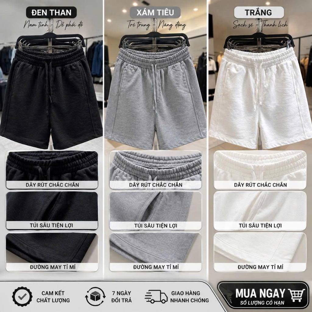 Quần Short Nam Form Rộng Cao Cấp M&B – Nỉ Chân Cua Mềm Mịn, Co Giãn 4 Chiều, Dễ Phối Đồ