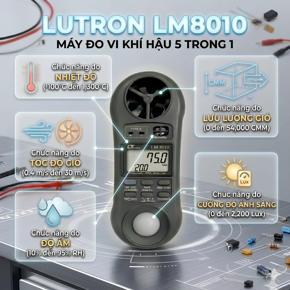 Máy đo vi khí hậu 5 trong 1 LUTRON LM-8010 đo ánh sáng, nhiệt độ, độ ẩm, lưu lượng và tốc độ gió