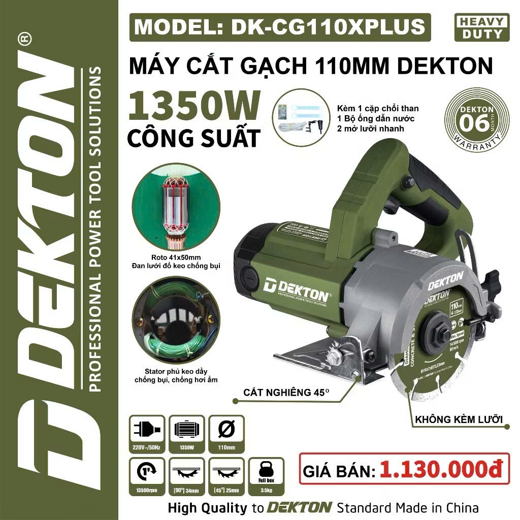 Máy cắt gạch DEKTON DK-CG110PLUS Công Suất 1350W Đường kính lưỡi cắt 110mm Có cắt nghiêng