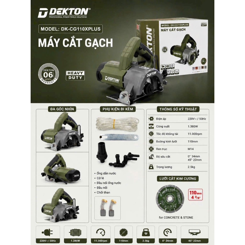 Máy cắt gạch DEKTON DK-CG110PLUS Công Suất 1350W Đường kính lưỡi cắt 110mm Có cắt nghiêng