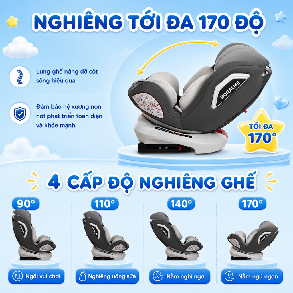 Ghế ngồi ô tô Honalife, bảo hành 24 tháng đạt chuẩn i-Size , dễ dàng tháo lắp tiện lợi