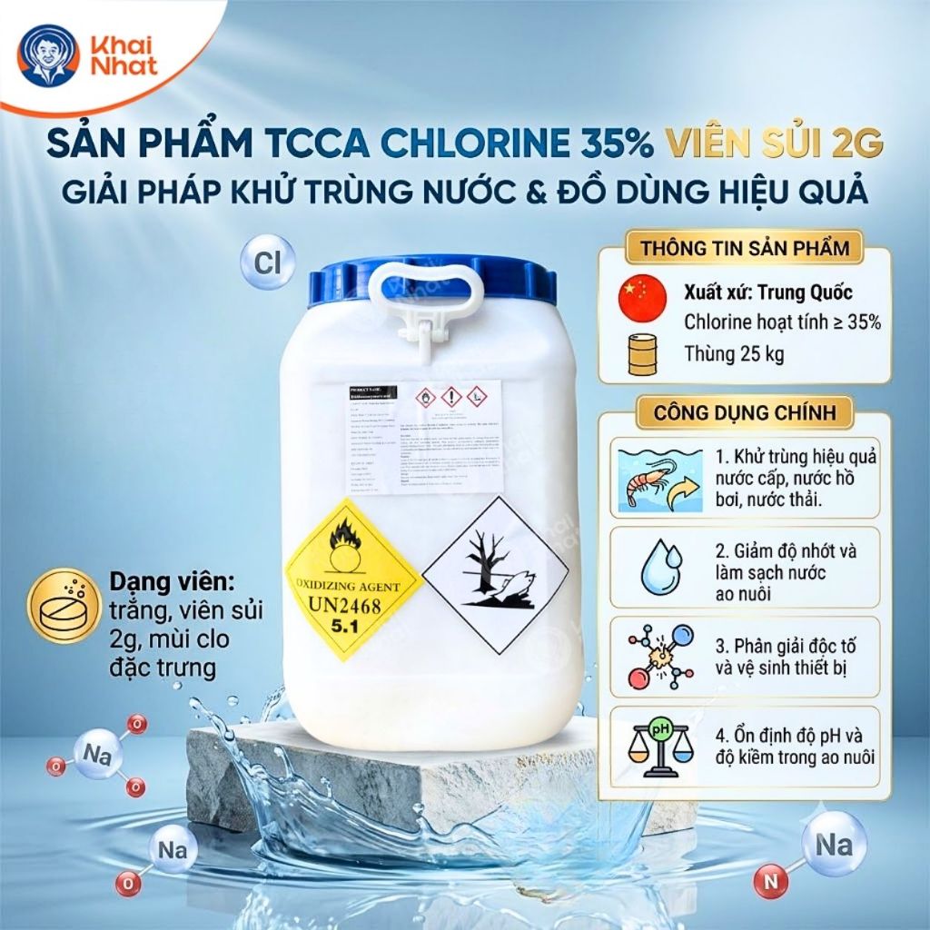 TCCA Chlorine 35% viên sủi 2g (25kg/thùng) -Trichloroisocyanuric Acid xử lý nước và xử lý hồ bơi