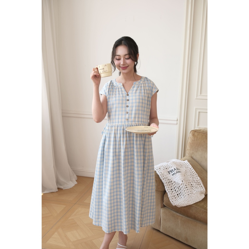 Váy Bầu Karo Dress L'amme - Chất Thô Kẻ Họa Tiết Caro Trẻ Trung, Dáng Suông Rộng Che Bụng Hiệu Quả