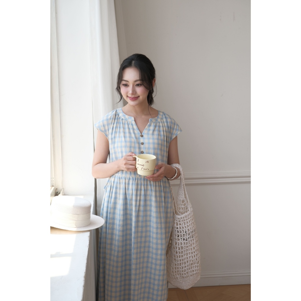 Váy Bầu Karo Dress L'amme - Chất Thô Kẻ Họa Tiết Caro Trẻ Trung, Dáng Suông Rộng Che Bụng Hiệu Quả