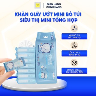 KHĂN GIẤY ƯỚT MINI BỎ TÚI SIÊU THỊ MINI TỔNG HỢP, LAU TAY VỆ SINH CÁ NHÂN ĐI HỌC DU LỊCH LỐC 8 GÓI 64 TỜ