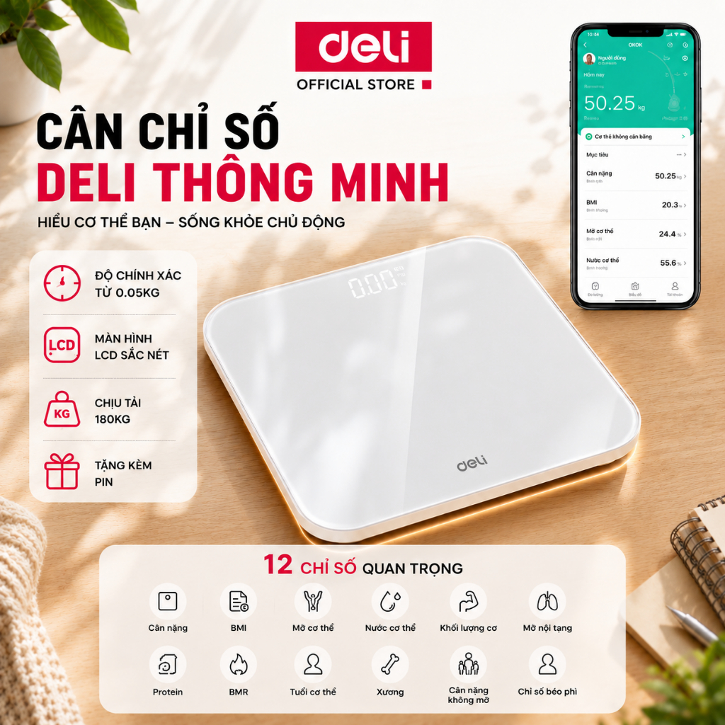 [DEAL SỐC] Cân Sức Khỏe Điện Tử Thông Minh Deli Cân Chỉ Số có App kết nối Bluetooth theo dõi phân tích 12 chỉ số cơ thể