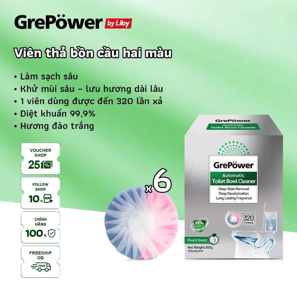 Viên Thả Bồn Cầu Hai Màu Grepower By Liby | Khử mùi hôi,1 viên xả lên tới 320 lần, diệt khuẩn tới 99.9%, hương đào