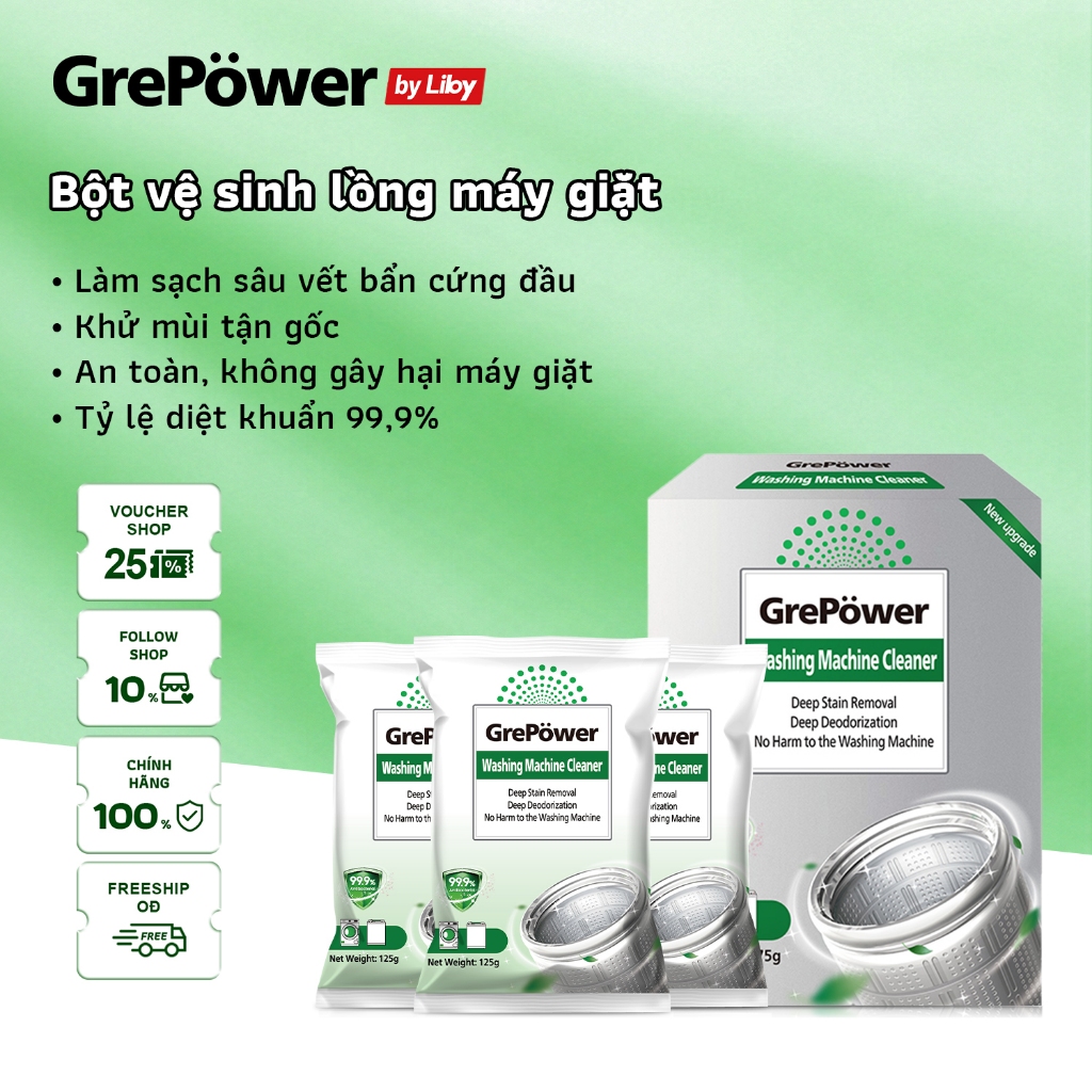 Bột Vệ Sinh Lồng Giặt GrePower, VN-6, 125g, Kháng Khuẩn, Bột Làm Sạch Trống Máy Giặt, Chất Tẩy Rửa, Đồ Dùng Máy Giặt Sâu