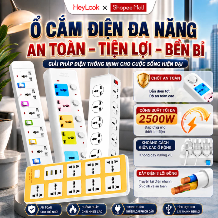 Ổ Cắm Điện Đa Năng Tích Hợp Cổng USB 5V Chịu Tải 2500W Cắm Mọi Thiết Bị Dây Dài 2.5M