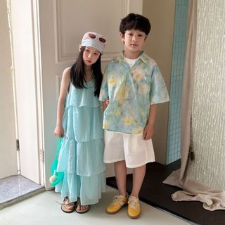 Set Bé Trai Áo Sơ Mi Xanh Loang Hoa Văn + Quần Short Trắng Đi Tiệc Mellow Duck (4-13 Tuổi) B2606061