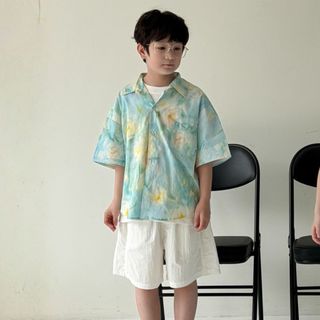 Set Bé Trai Áo Sơ Mi Xanh Loang Hoa Văn + Quần Short Trắng Đi Tiệc Mellow Duck (4-13 Tuổi) B2606061
