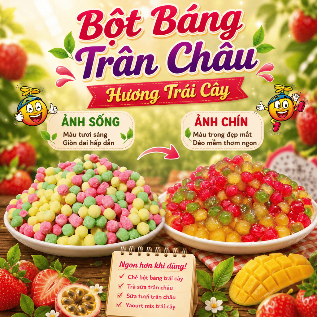 Bột Báng Trân Châu Hương Trái Cây 3 Màu Long Phú gói 1kg - Topping, Nguyên Liệu Trà Sữa, Chè.
