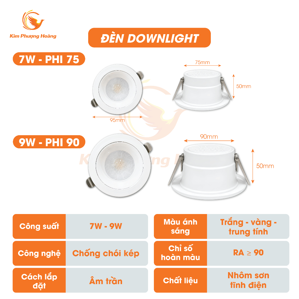 Đèn Âm Trần Dowlight Chống Chói 7W-9W phi 90 Choá Sâu 2cm Ánh Sáng 3 màu Bảo hành 2 năm
