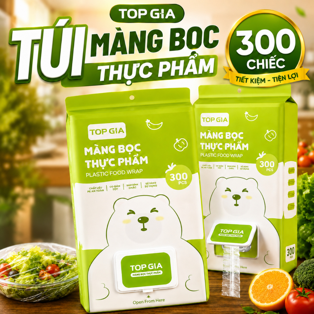 Màng Bọc Thực Phẩm Topgia, Chất Liệu PE dày dặn co dãn đàn hồi tốt, An toàn treo tường tiện lợi, chống bay mùi