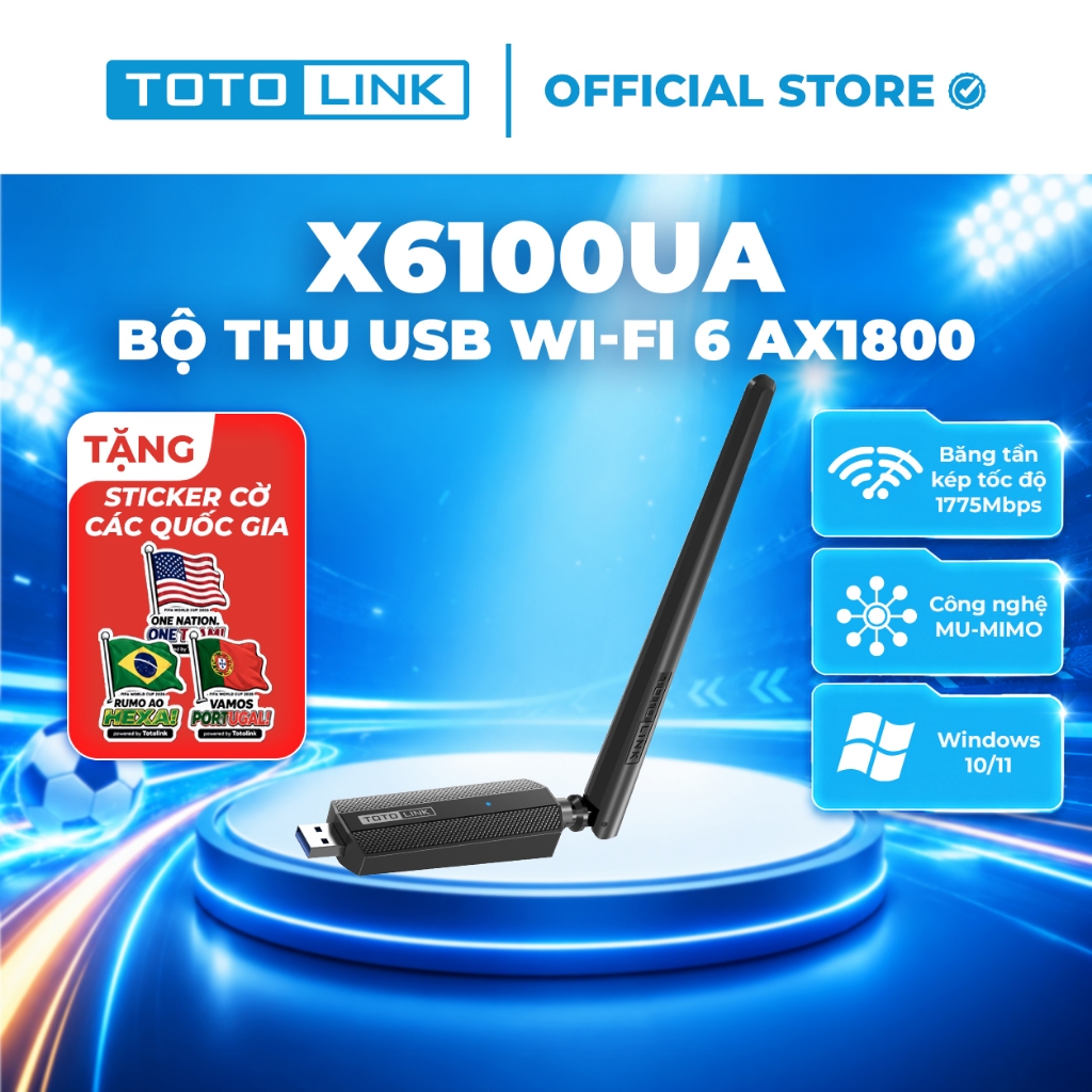 [Hoả Tốc] Bộ thu USB Wi-Fi 6 TOTOLINK X6100UA - WiFi chuẩn AX1800Mbps USB 3.0 dễ sử dụng cho PC & Laptop