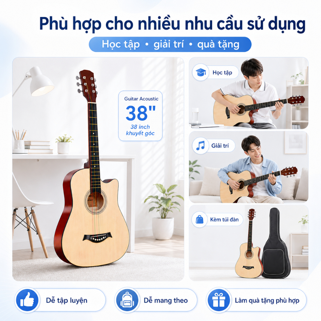 Đàn Guitar Acoustic 38 Inch , 2 Màu Đen/Gỗ Tự Nhiên, Có Lựa Chọn Đóng Gói Nâng Cấp 5 Lớp Cột Khí An Tâm Hơn