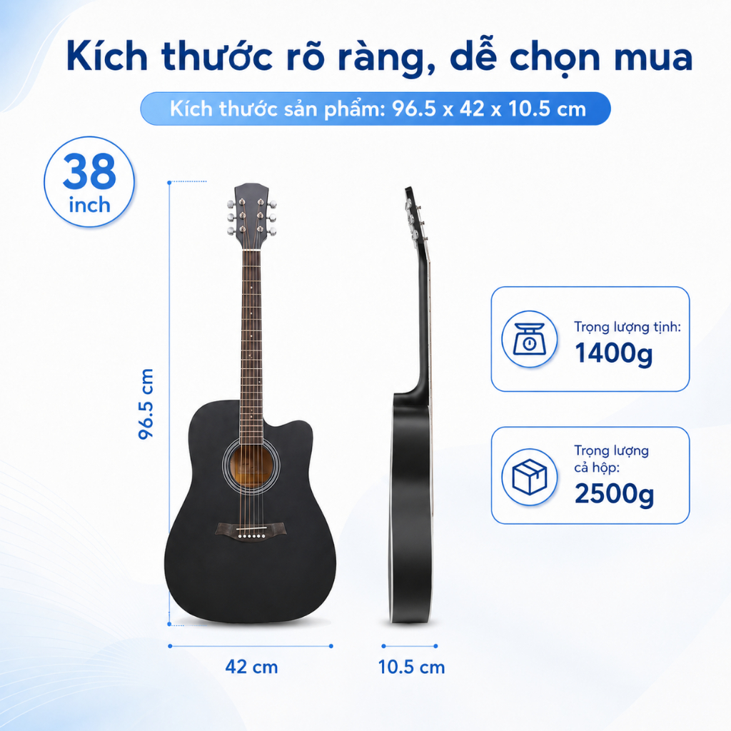 Đàn Guitar Acoustic 38 Inch , 2 Màu Đen/Gỗ Tự Nhiên, Có Lựa Chọn Đóng Gói Nâng Cấp 5 Lớp Cột Khí An Tâm Hơn