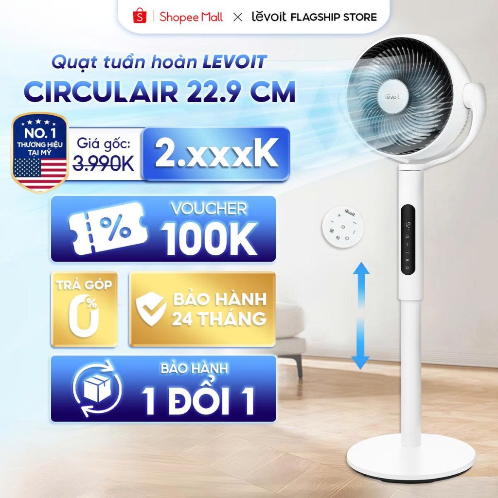 Quạt Tuần Hoàn Không Khí Levoit CirculAir 22.9cm – Cảm Biến Nhiệt Độ, 12 Cấp Gió