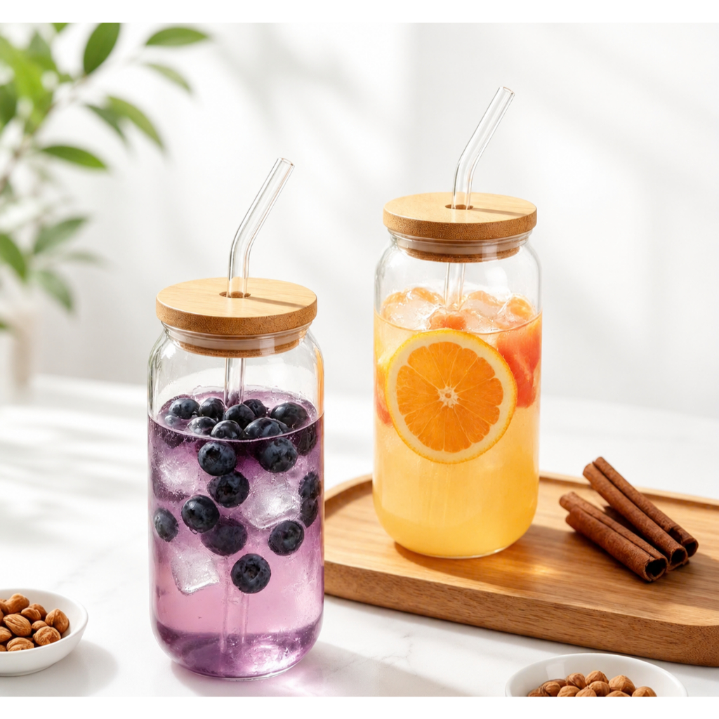Ly Thủy Tinh Chịu Nhiệt có Nắp Tre và Có Ống Hút Thủy Tinh 500ml - Gia dụng Thu Hương