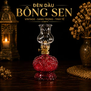Đèn Dầu Thủy Tinh Bông Sen Cổ Phong Đế Đỏ Ruby - Chạm Khắc 3D Cao Cấp, Phong Cách Vintage Trang Trí Bàn Thờ, Trà Đạo