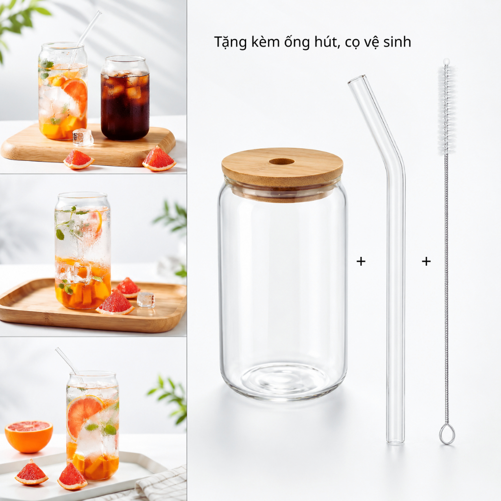 Ly Thủy Tinh Chịu Nhiệt có Nắp Tre và Có Ống Hút Thủy Tinh 500ml - Gia dụng Thu Hương