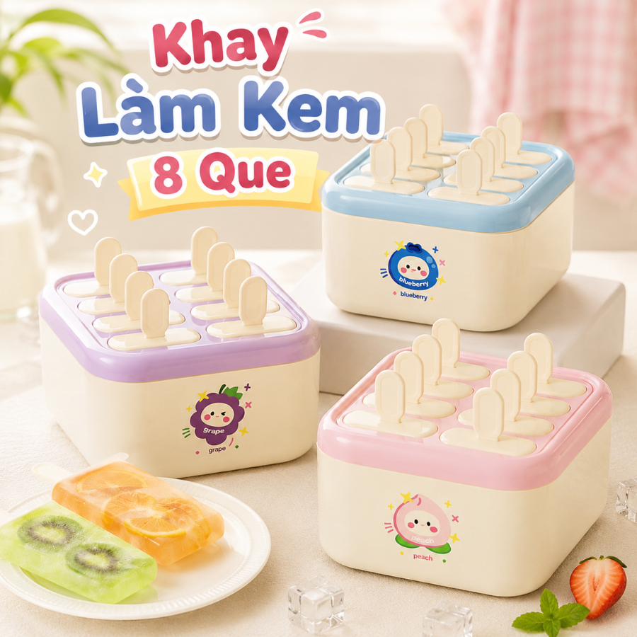 Khuôn Làm Kem 8 Que Có Nắp, Khay Làm Kem Trái Cây Homemade Cho Bé Và Gia Đình