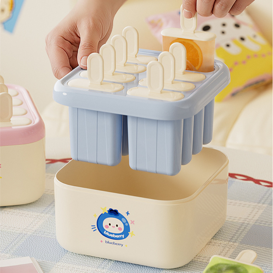 Khuôn Làm Kem 8 Que Có Nắp, Khay Làm Kem Trái Cây Homemade Cho Bé Và Gia Đình