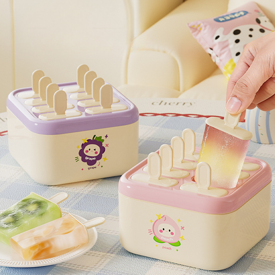 Khuôn Làm Kem 8 Que Có Nắp, Khay Làm Kem Trái Cây Homemade Cho Bé Và Gia Đình