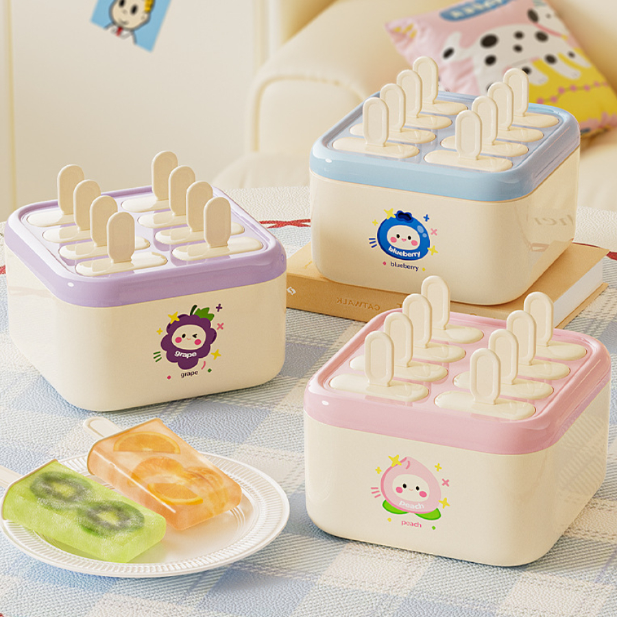 Khuôn Làm Kem 8 Que Có Nắp, Khay Làm Kem Trái Cây Homemade Cho Bé Và Gia Đình