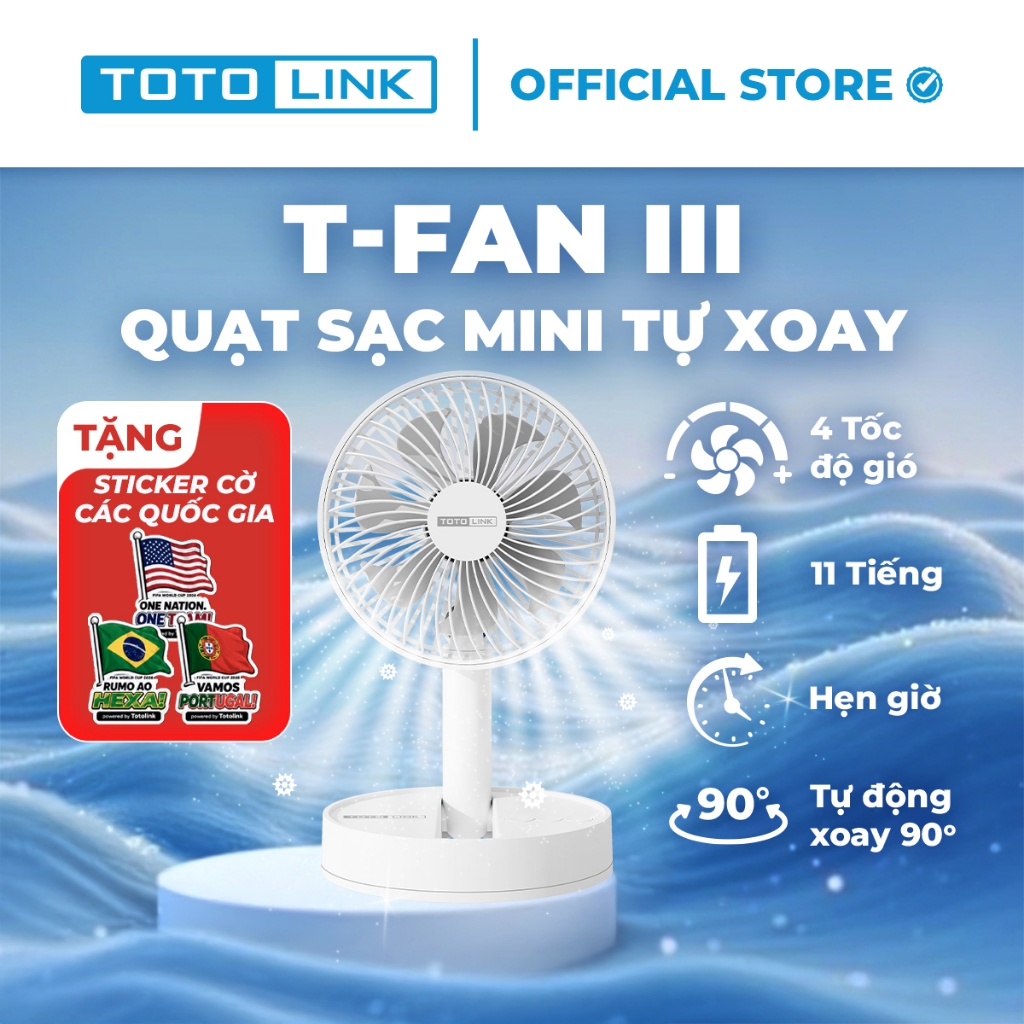 [Hỏa Tốc] Quạt Sạc Mini Xoay Tự Động 90° Totolink Fan03 – Cổ Gập Linh Hoạt, Pin Lâu, Có Hẹn Giờ Tắt