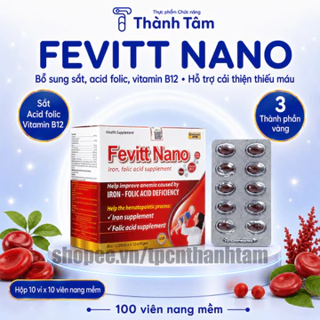 (100V, 3M) Viên uống FEVITT NANO 100V bổ sung sắt, acid folic, bổ máu, cải thiện tình trạng thiếu máu
