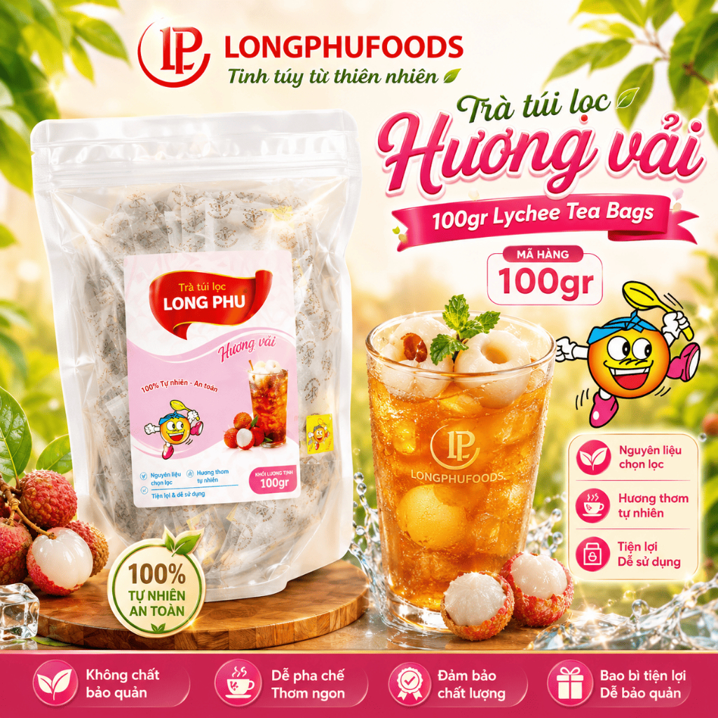 Set Trà Vải Túi Lọc LONG PHÚ 50 gói - Nguyên Liệu Trà Trái Cây, Thơm Đậm Mùi Trà, Lưu Hương Lâu