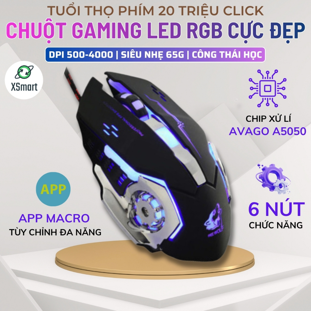 Chuột Gaming Máy Tính Free Wolf V5 Pro LED RGB Đổi Màu Cực Đẹp Chuyên Game, Chỉnh Được DPI App Macro