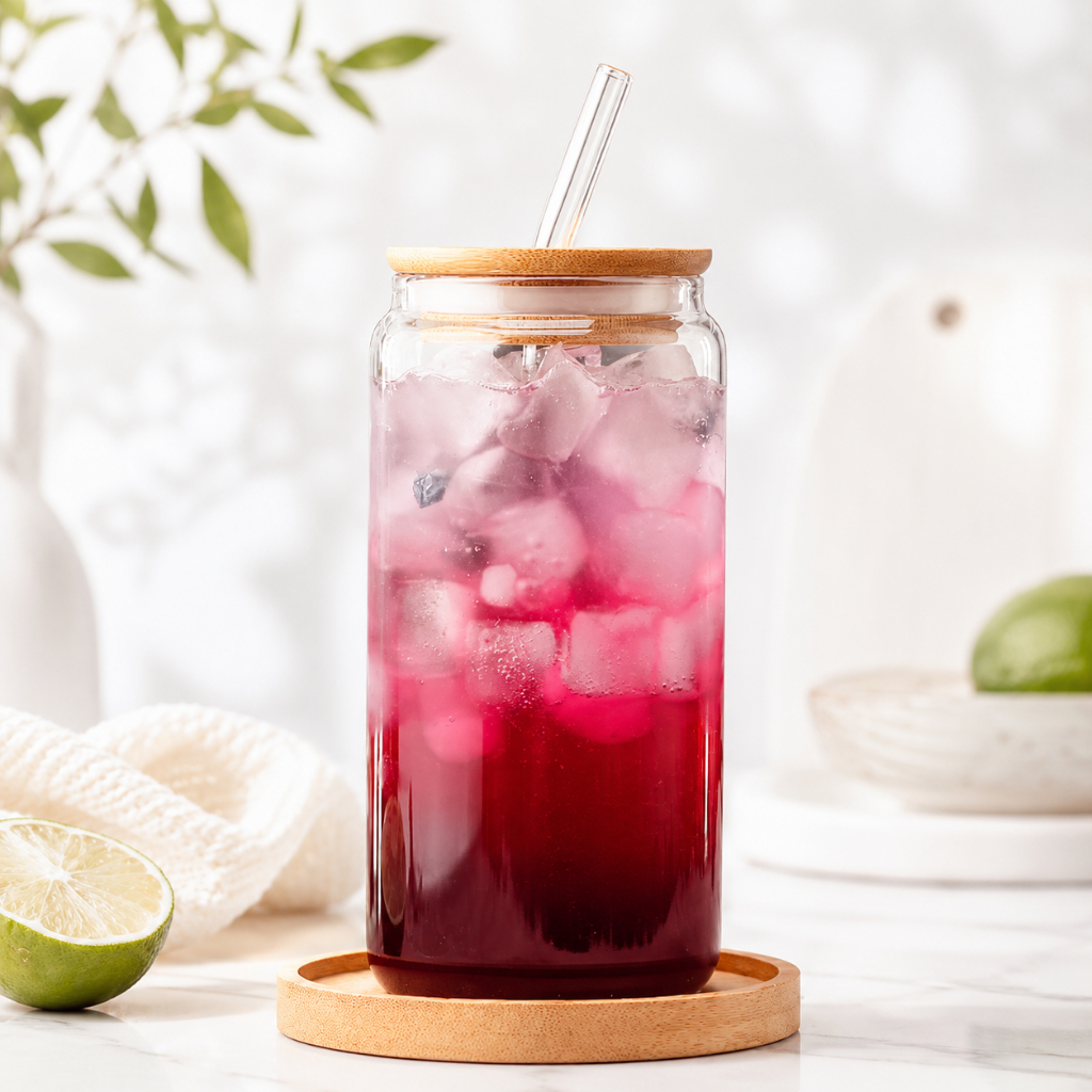 Ly thủy tinh Hình Lon Bia Chịu Nhiệt 350ml/500ml, trong suốt, có nắp, có ống hút