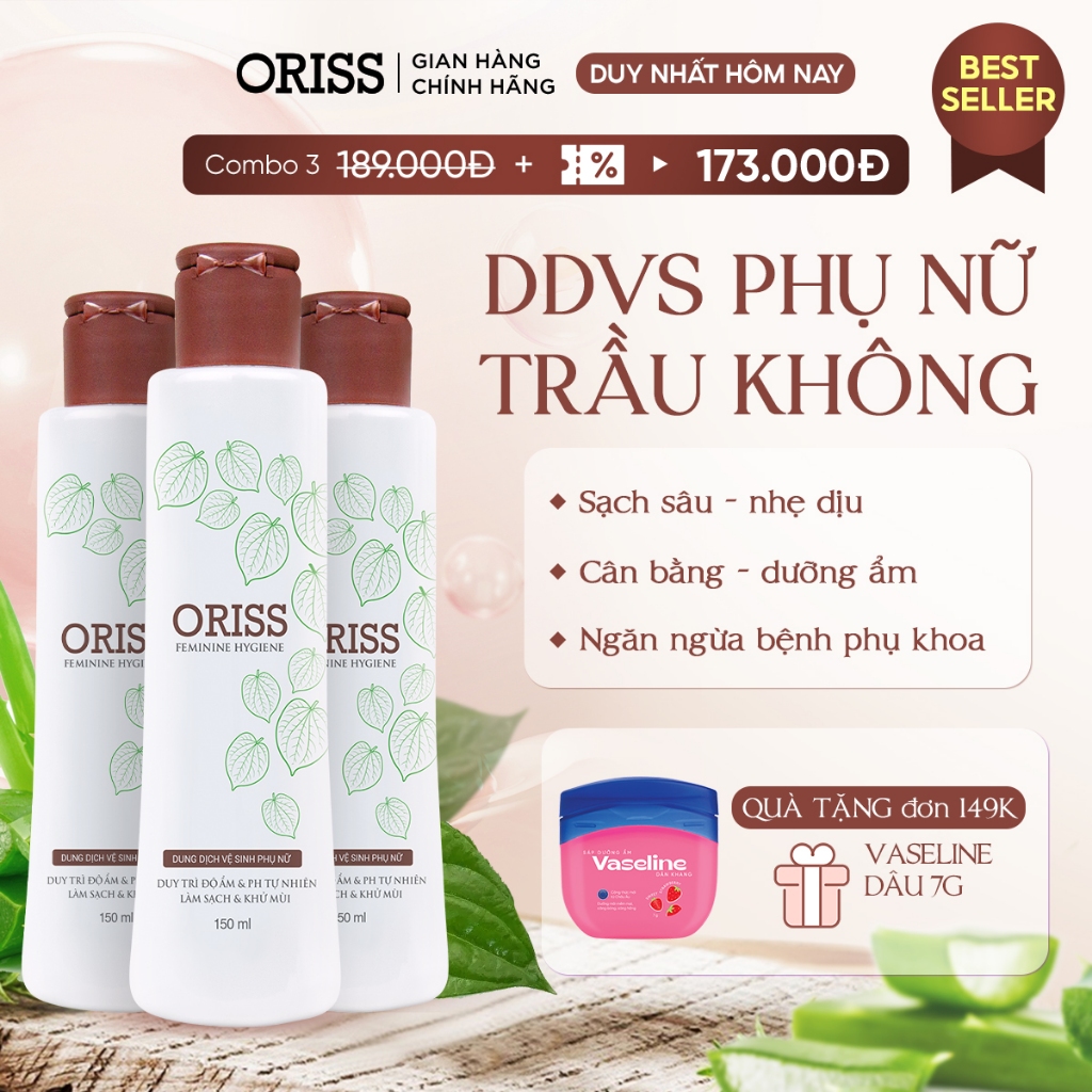 Dung dịch vệ sinh phụ nữ Oriss hỗ trợ làm sạch dịu nhẹ chiết xuất lá trầu không 150ml