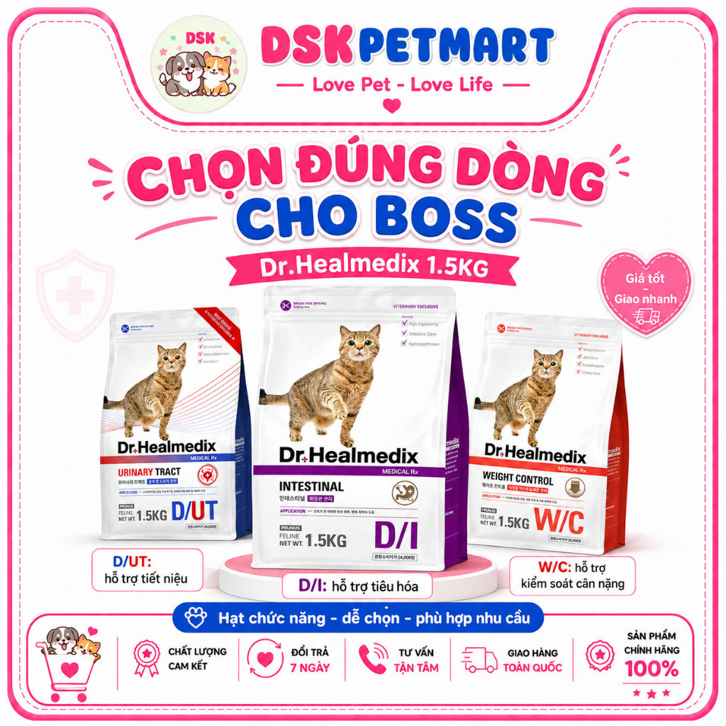 Thức Ăn Hạt Mèo Dr.Healmedix Hỗ Trợ Sỏi Thận, Đường Ruột - Tiêu Hóa, Kiểm Soát Cân Nặng | Túi 1.5kg