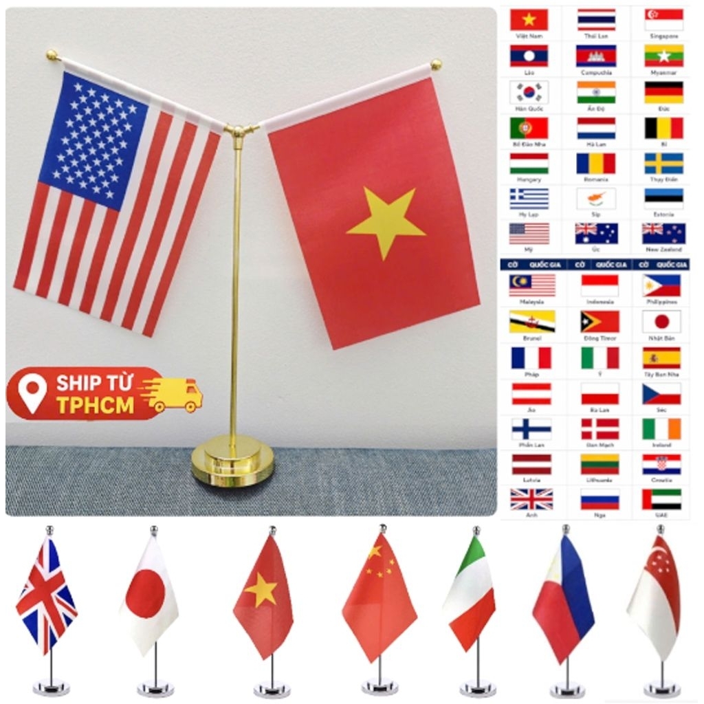 Ship Từ HCM [Cờ để bàn KIM LOẠI]Trụ cờ để bàn Việt Nam Hàn Quốc Nhật Mỹ ĐỨC PHÁP/Trụ đơn/trụ Y cờ thế giới world cup