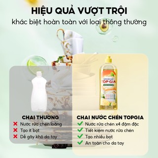 Nước Rửa Chén Bát TopGia Hương Chanh Tươi, Đánh Bay Dầu Mỡ, An Toàn Dịu Nhẹ Da Tay, Chai 400ml