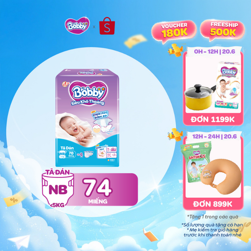 Tã dán sơ sinh Bobby NB70/S54/M46 mới- Lõi nén cotton-soft 3mm