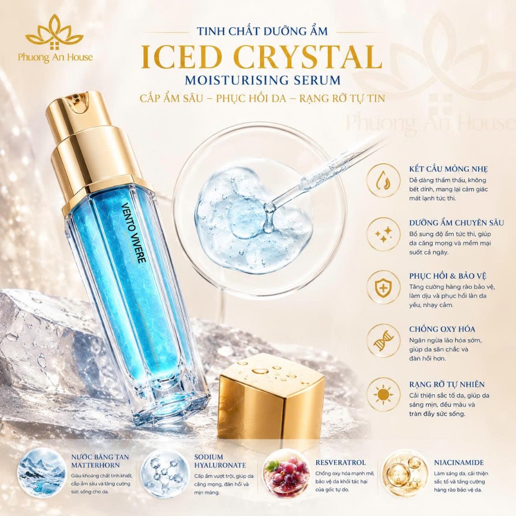 Serum Vento Vivere Iced Crystal Thụy Sĩ Dưỡng Ẩm Phục Hồi Da 45ml